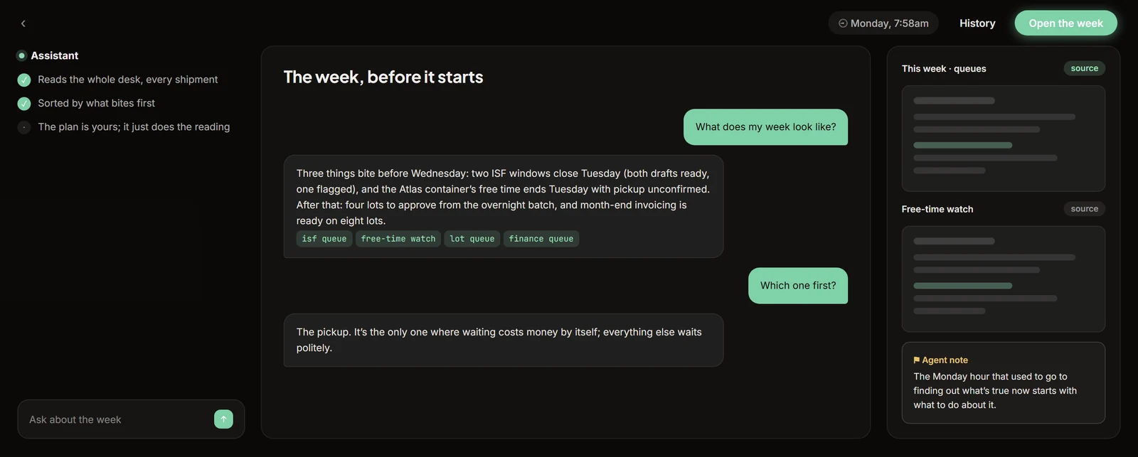 A chat conversation where the assistant lays out the week's priorities across filings, free time, and invoicing, with sources cited.