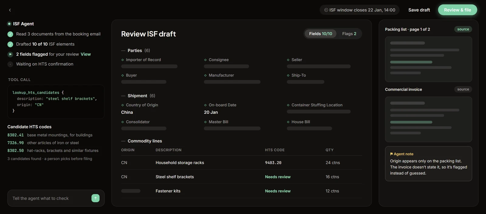 ISF draft review screen showing ten filing elements, HTS candidate codes with reasoning, and two flagged fields awaiting a person's decision.