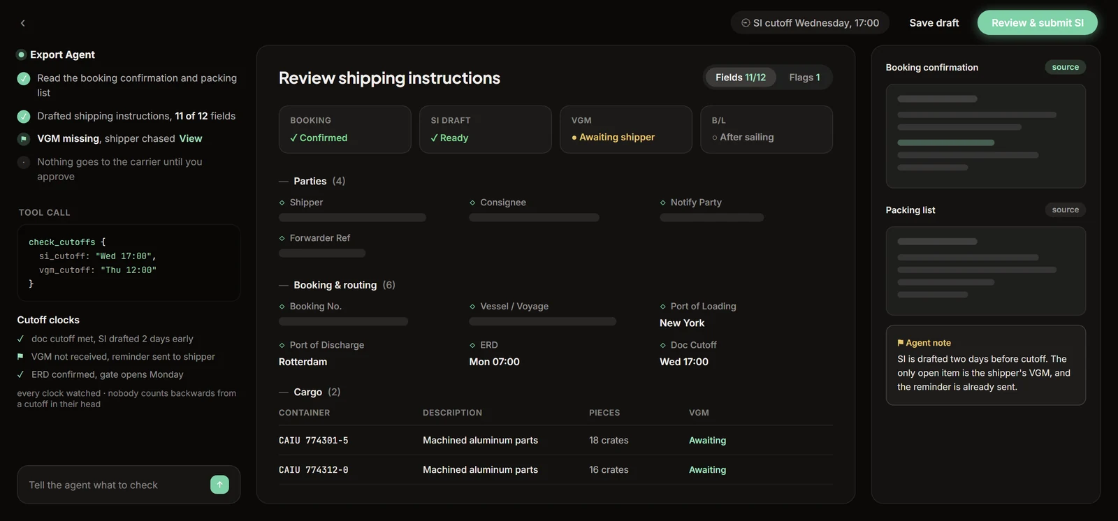 Example shipping instructions review screen, on demo data, with gates for booking, SI draft, VGM, and bill of lading, plus cutoff clocks and cargo lines.