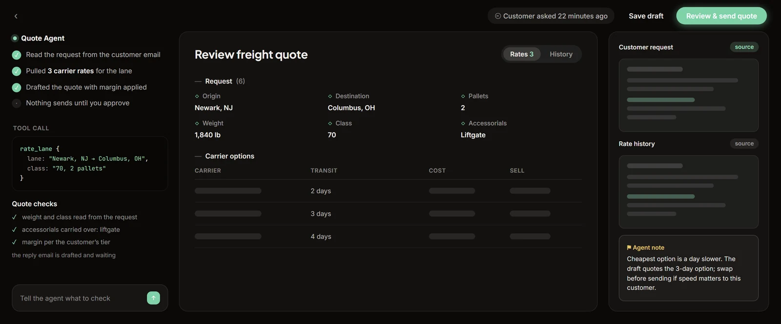 A drafted LTL freight quote with the lane, weight, class, and three carrier options.