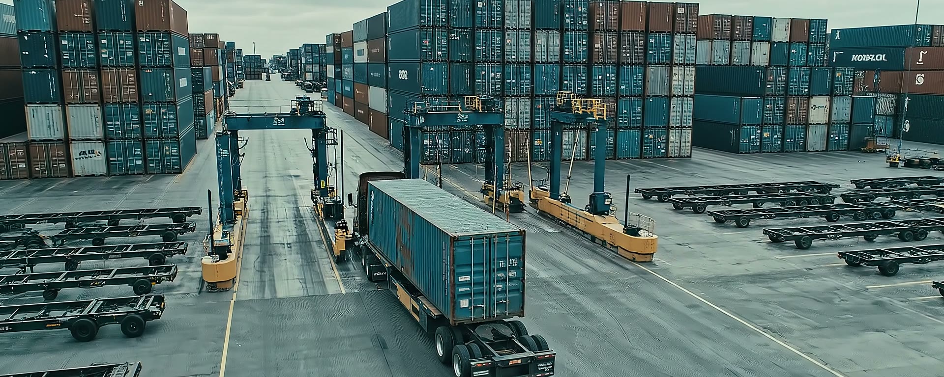 A container on a chassis leaving the stacks